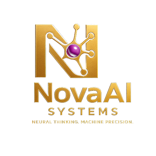 Official metallic gold and violet NovaAI Systems logo, with the tagline Neural Thinking. Machine Precision.